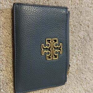 Tory Burch Blue Leather Logo Zip Card Case